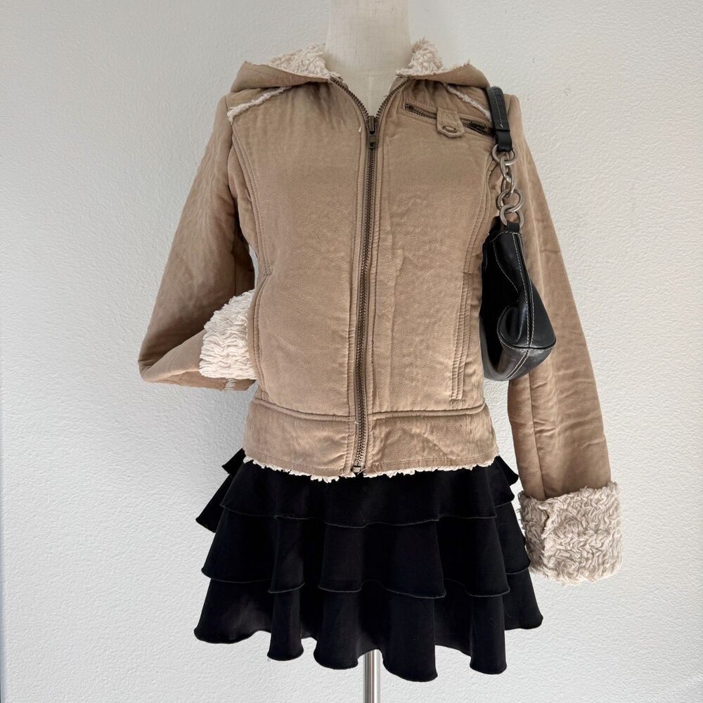 Papaya Shearling Tan Zip Up Coat Y2K 2000s Preppy Fur Trim Hooded Size M